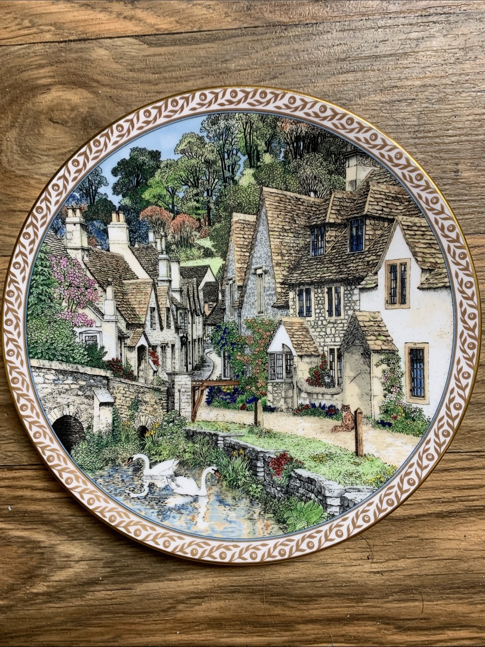 Royal Worcester Castle Combe Village Scene Plate Green, Blue and Gold Accents